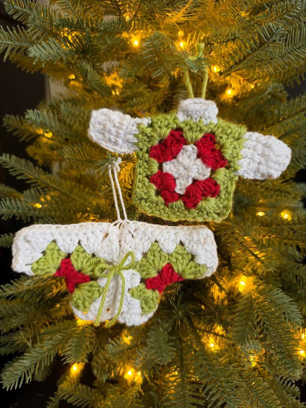 Handmade Crochet Ugly Christmas Sweaters Hanging Green White Ornaments Set of 2